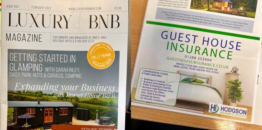 The February 2022 issue of Luxury BnB magazine, open at our guest house insurance advert